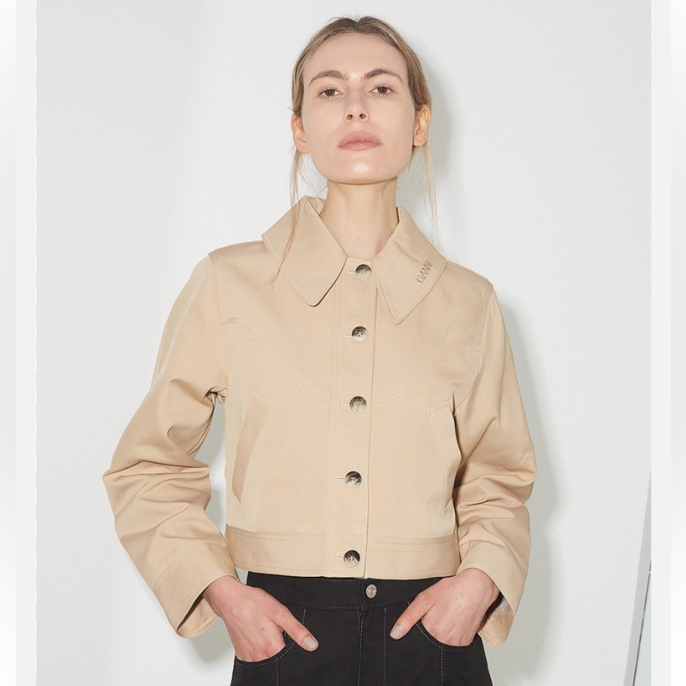 Ganni Heavy Twill Short Jacket, Khaki color, size 34. NWT. Never worn.
